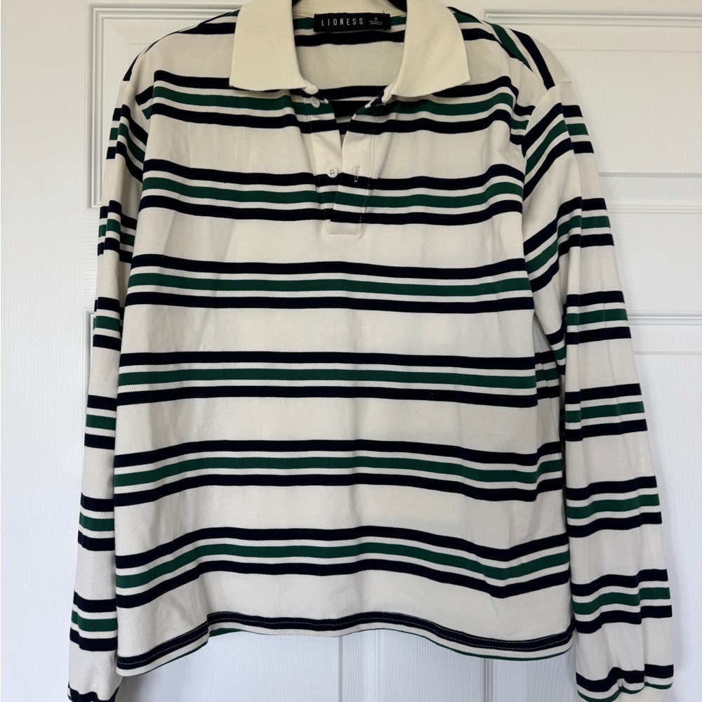 Lioness Striped Rugby Polo in Cream, Navy & Forest Green